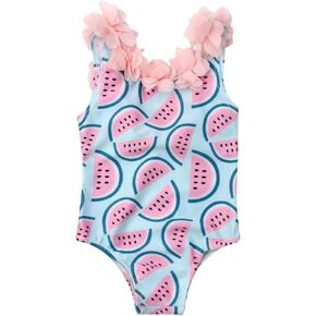 Toddler Kid Girls 3D Flower Straps Backless One-Piece Solid Color Swimsuit Beach Bathing Swimwear, 3 Colors