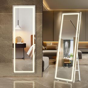KKN Full Length Mirror with LED Lights, 71" x 24" Full Body Mirror, Free Standing & Wall Mounted Mirror with Lights for Bedroom, Salon, Aluminum Frame, Dimming & 3 Color Lighting (Black)
