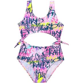 WDIRARA Toddler Girl's One Piece Swimsuit Cut Out Letter Graphic Print Swimwear Beach Bathing Suits