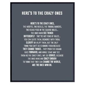 LARGE 11X14 - Here's to the Crazy Ones- Motivational Wall Art Poster - Inspirational Quotes - Inspiring Sayings for Wall Decor - Home Office Decor- Encouraging Encouragement Entrepreneur Gifts for Men