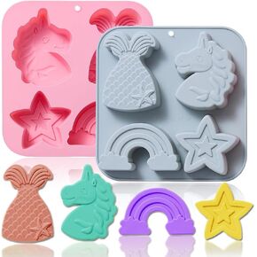 OURASHERO 2 Pack Silicone Soap Molds, 4 Cavities Unicorn Star Rainbow Mermaid Tail Shaped Making Mold, Perfect for Handmade Soaps Lotion Bar Bath Bombs Ice Cube Chocolate Jelly Cake Making