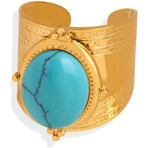 Retro Blue Turquoise Ring for Women Girls Stainless Steel Chunky Finger Band Bohemia Handmade Ring Open Statement Rings 14K Gold Plated