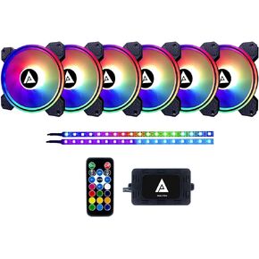 Apevia ET62-RGB Electro 120mm Silent RGB Color Changing LED Fan with Remote Control, 28x LEDs & 8X Anti-Vibration Rubber Pads w/ 2 Magnetic RGB Color LED Strips (6+2-pk)