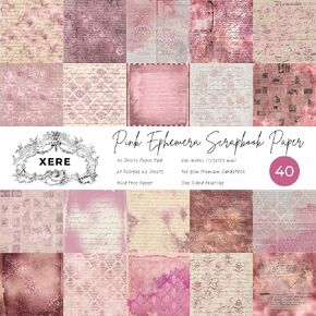 XERE 40 Sheets Scrapbook Paper, 6x6 Ephemera Pattern Paper Pack for Journaling Notebooks, Sketchbook, Bookmark Making, Junk Journal, Scrapbook Art Supplies (Pink)