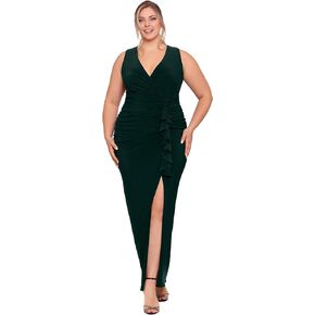 Betsy & Adam Women's Plus Size Sleeveless Long Stretchy V-Neck Ruched Wrap Dress