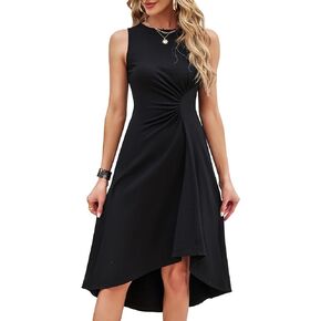 SDEER Women's Sleeveless Tank Dresses Crewneck Irregular High Low A Line Slim Fit Ruched Midi Dress Party Club