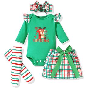 fioukiay Baby Girl My First Christmas Outfit Long Sleeve Romper Mini Skirt With Leg Warmers 4PCS Xmas Clothes Set
