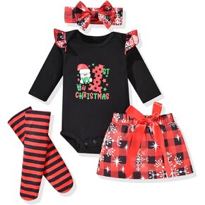 fioukiay Baby Girl My First Christmas Outfit Long Sleeve Romper Mini Skirt With Leg Warmers 4PCS Xmas Clothes Set