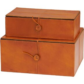 Deco 79 Leather Handmade Decorative Box Storage Decorative Keepsake Boxes with Leather Loop Closure and Detailed Stitching, Set of 2 Storage Boxes 11", 10" W, Brown