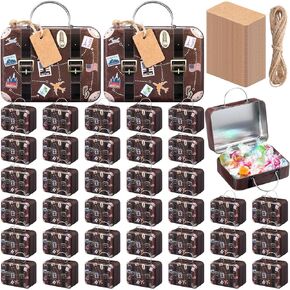 24 Pieces Mini Christmas Suitcase Boxes, Tin Plate Candy Party Favor Gift, Small Suitcase Box for Party Wedding Travel Bride Shower Decoration, with Labels and Hemp Rope(Vintage)