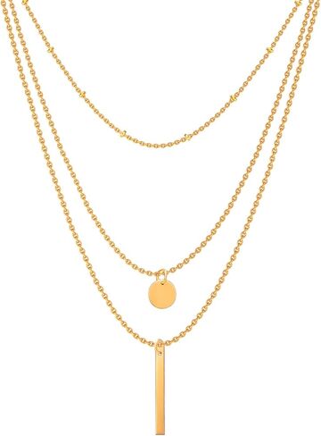 قلادات متعددة الطبقات للنساء - قلادة سلسلة طبقات أنيقة مطلية بالذهب عيار 14 قيراط - قلادات بسيطة قابلة للتعديل على شكل عملة معدنية بطبقات سلسلة ذهبية للنساء هدايا in Kuwait