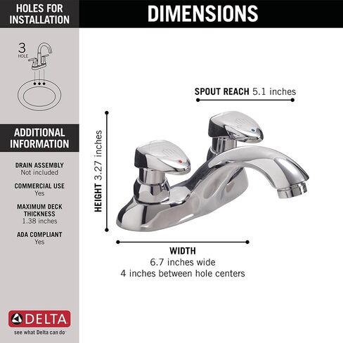 Delta Faucet 2 Handle Commercial Bathroom Faucet Chrome, Metering Faucet, Chrome Bathroom Faucet, Chrome 86T1153 in Saudi Arabia