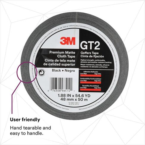 3M Premium Matte Cloth (Gaffers) Tape GT2, High-Strength, Indoor/Outdoor Use, Black, 48 mm x 50 m, 11 mil, 1 Roll, 98514 in Saudi Arabia