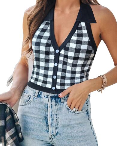 Womens Halter Sweater Vest, Y2K Crop Plaid Striped Heart Pattern Casual Tank Tops in Saudi Arabia