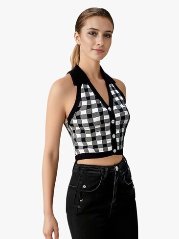 Womens Halter Sweater Vest, Y2K Crop Plaid Striped Heart Pattern Casual Tank Tops in Saudi Arabia