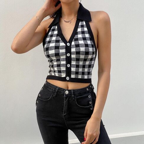Womens Halter Sweater Vest, Y2K Crop Plaid Striped Heart Pattern Casual Tank Tops in Saudi Arabia