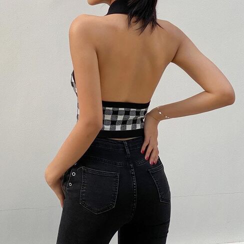 Womens Halter Sweater Vest, Y2K Crop Plaid Striped Heart Pattern Casual Tank Tops in Saudi Arabia