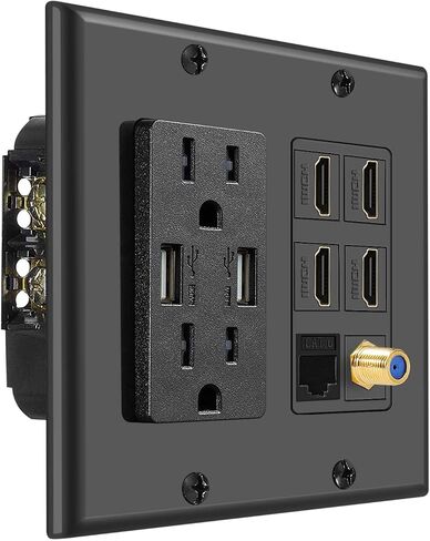TNP Media Wall Plug Outlet Plate 2 Gang Black w/ 2 USB Outlet, 15A Dual Power Outlet, 4X HDMI Port, Cat6 Rj45 Ethernet Port, Coaxial Cable Outlet Audio Panel Coupler Panel Mount Keystone Jack in Saudi Arabia