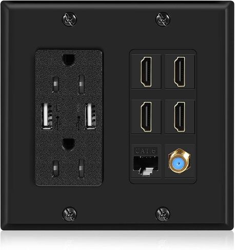 TNP Media Wall Plug Outlet Plate 2 Gang Black w/ 2 USB Outlet, 15A Dual Power Outlet, 4X HDMI Port, Cat6 Rj45 Ethernet Port, Coaxial Cable Outlet Audio Panel Coupler Panel Mount Keystone Jack in Saudi Arabia