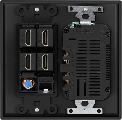 TNP Media Wall Plug Outlet Plate 2 Gang Black w/ 2 USB Outlet, 15A Dual Power Outlet, 4X HDMI Port, Cat6 Rj45 Ethernet Port, Coaxial Cable Outlet Audio Panel Coupler Panel Mount Keystone Jack in Saudi Arabia