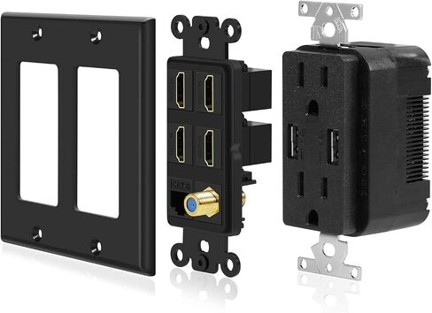 TNP Media Wall Plug Outlet Plate 2 Gang Black w/ 2 USB Outlet, 15A Dual Power Outlet, 4X HDMI Port, Cat6 Rj45 Ethernet Port, Coaxial Cable Outlet Audio Panel Coupler Panel Mount Keystone Jack in Saudi Arabia