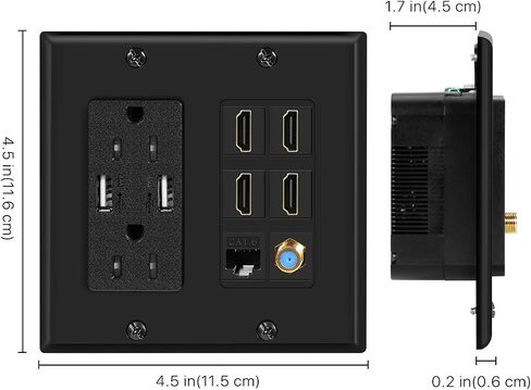 TNP Media Wall Plug Outlet Plate 2 Gang Black w/ 2 USB Outlet, 15A Dual Power Outlet, 4X HDMI Port, Cat6 Rj45 Ethernet Port, Coaxial Cable Outlet Audio Panel Coupler Panel Mount Keystone Jack in Saudi Arabia