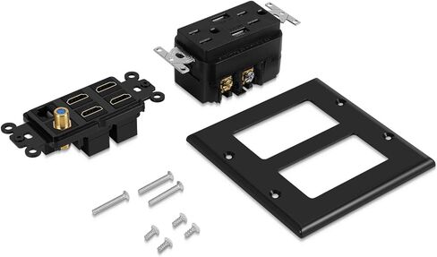 TNP Media Wall Plug Outlet Plate 2 Gang Black w/ 2 USB Outlet, 15A Dual Power Outlet, 4X HDMI Port, Cat6 Rj45 Ethernet Port, Coaxial Cable Outlet Audio Panel Coupler Panel Mount Keystone Jack in Saudi Arabia