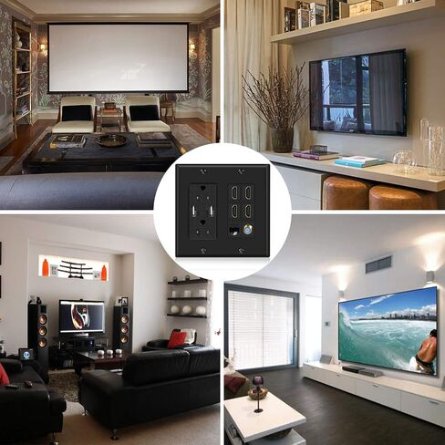 TNP Media Wall Plug Outlet Plate 2 Gang Black w/ 2 USB Outlet, 15A Dual Power Outlet, 4X HDMI Port, Cat6 Rj45 Ethernet Port, Coaxial Cable Outlet Audio Panel Coupler Panel Mount Keystone Jack in Saudi Arabia