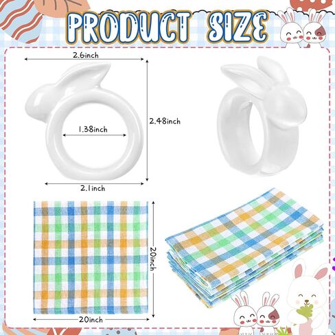 12 Pieces Easter Napkin Rings-Bunny Napkin Holder Rings Gingham Buffalo Plaid Check Napkins Set Pure Cotton for Easter Decoration Party Dining Table Settings Decor (Cute Style) in Saudi Arabia