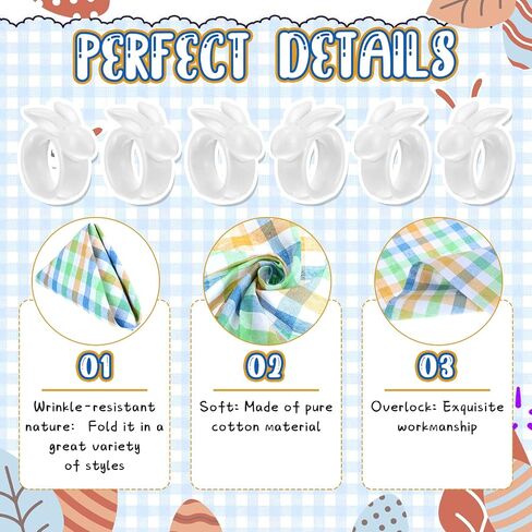 12 Pieces Easter Napkin Rings-Bunny Napkin Holder Rings Gingham Buffalo Plaid Check Napkins Set Pure Cotton for Easter Decoration Party Dining Table Settings Decor (Cute Style) in Saudi Arabia