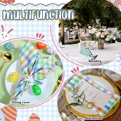 12 Pieces Easter Napkin Rings-Bunny Napkin Holder Rings Gingham Buffalo Plaid Check Napkins Set Pure Cotton for Easter Decoration Party Dining Table Settings Decor (Cute Style) in Saudi Arabia