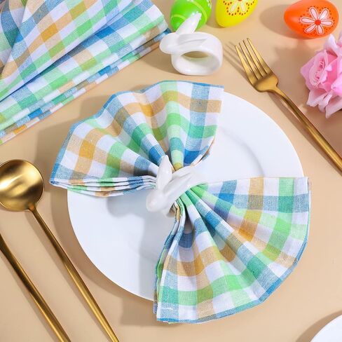 12 Pieces Easter Napkin Rings-Bunny Napkin Holder Rings Gingham Buffalo Plaid Check Napkins Set Pure Cotton for Easter Decoration Party Dining Table Settings Decor (Cute Style) in Saudi Arabia