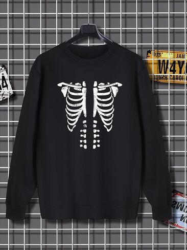 GORGLITTER Men's Skeleton Graphic Long Sleeve Sweatshirt Round Neck Pullover Top Black Small in Saudi Arabia