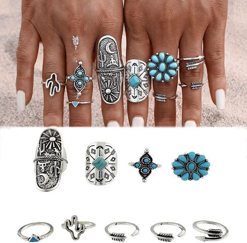 Asphire 9pcs Bohemian Joint Knuckle Rings Set Turquoise Gemstone Stackable Midi Ring Band Vintage Carved Geometric Finger Rings Opal Teardrop Chunky Ring Pack for Women in Saudi Arabia