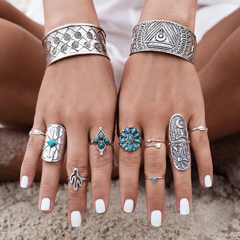 Asphire 9pcs Bohemian Joint Knuckle Rings Set Turquoise Gemstone Stackable Midi Ring Band Vintage Carved Geometric Finger Rings Opal Teardrop Chunky Ring Pack for Women in Saudi Arabia