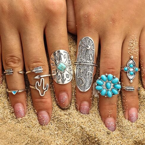 Asphire 9pcs Bohemian Joint Knuckle Rings Set Turquoise Gemstone Stackable Midi Ring Band Vintage Carved Geometric Finger Rings Opal Teardrop Chunky Ring Pack for Women in Saudi Arabia