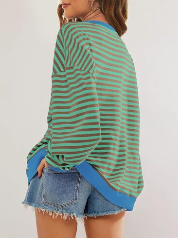 قمصان SENSERISE النسائية ذات الحجم الكبير والمخططة ذات الرقبة الدائرية وأكمام طويلة وقمصان ذات ألوان متعددة وقمصان علوية غير رسمية in Kuwait