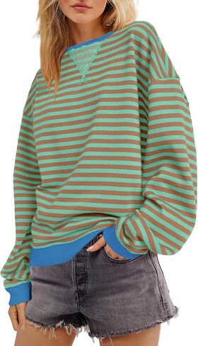 قمصان SENSERISE النسائية ذات الحجم الكبير والمخططة ذات الرقبة الدائرية وأكمام طويلة وقمصان ذات ألوان متعددة وقمصان علوية غير رسمية in Kuwait