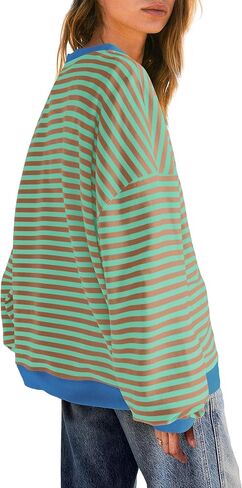 قمصان SENSERISE النسائية ذات الحجم الكبير والمخططة ذات الرقبة الدائرية وأكمام طويلة وقمصان ذات ألوان متعددة وقمصان علوية غير رسمية in Kuwait