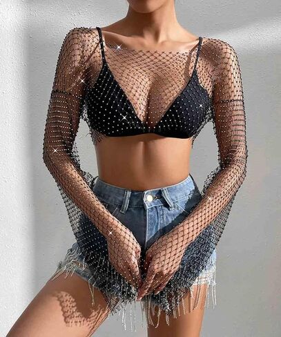 قميص علوي قصير شبكي من حجر الراين سباركلي من ديلادولا، قمصان شبكية سوداء كريستالية شفافة من خلال الحفلات الليلية للنساء in Kuwait