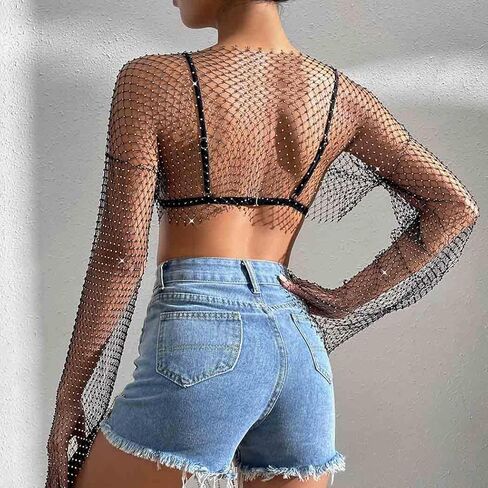 قميص علوي قصير شبكي من حجر الراين سباركلي من ديلادولا، قمصان شبكية سوداء كريستالية شفافة من خلال الحفلات الليلية للنساء in Kuwait