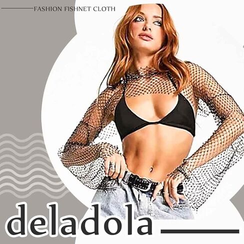 قميص علوي قصير شبكي من حجر الراين سباركلي من ديلادولا، قمصان شبكية سوداء كريستالية شفافة من خلال الحفلات الليلية للنساء in Kuwait