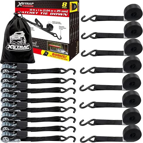 XSTRAP STANDARD Ratchet Straps, 900 LB Break Strength, 8-Pack 10FT Ratchet Tie Down Straps Set for Motorcycle Straps Tie Downs, Appliances, Lawn Equipment, Logistic Cargo Straps for Trucks (Black) in Kuwait