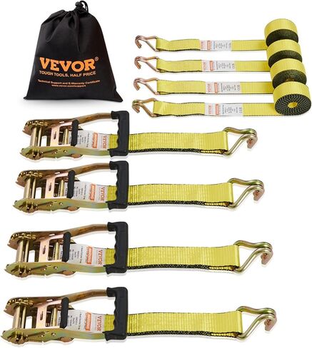 أشرطة ربط السقاطة من VEVOR (4PK)، قوة كسر 5000 رطل 2 بوصة × 15 بوصة أشرطة ربط شديدة التحمل مع خطاف J ومقابض مبطنة لتحريك الدراجات النارية والمقطورة والشاحنات (أصفر) in Kuwait