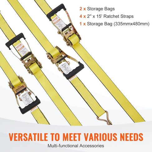 أشرطة ربط السقاطة من VEVOR (4PK)، قوة كسر 5000 رطل 2 بوصة × 15 بوصة أشرطة ربط شديدة التحمل مع خطاف J ومقابض مبطنة لتحريك الدراجات النارية والمقطورة والشاحنات (أصفر) in Kuwait