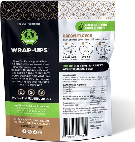 Wrap-Ups: Pill Wrapper - Bacon - 30 Servings Bag, Dogs & Cats, Pet Treat Hides Any Size Pills, All Natural Limited Ingredients, USA Made in Saudi Arabia
