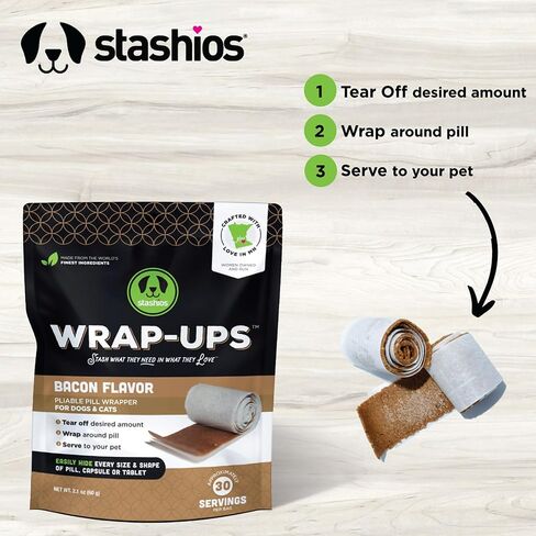 Wrap-Ups: Pill Wrapper - Bacon - 30 Servings Bag, Dogs & Cats, Pet Treat Hides Any Size Pills, All Natural Limited Ingredients, USA Made in Saudi Arabia