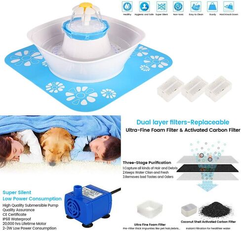 نافورة بيكون للحيوانات الأليفة، موزع مياه آلي للقطط والكلاب بإضاءة LED سعة 84 أونصة/2.5 لتر مع بساط سيليكون واحد للقطط والكلاب والحيوانات الأليفة المتعددة in Kuwait