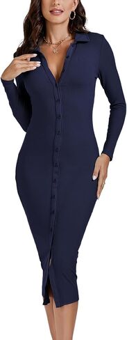 LYANER Women's Casual Ribbed Knit Button Down Collar V Neck Long Sleeve Bodycon Midi Dress in Saudi Arabia