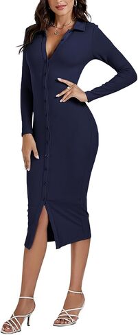 LYANER Women's Casual Ribbed Knit Button Down Collar V Neck Long Sleeve Bodycon Midi Dress in Saudi Arabia